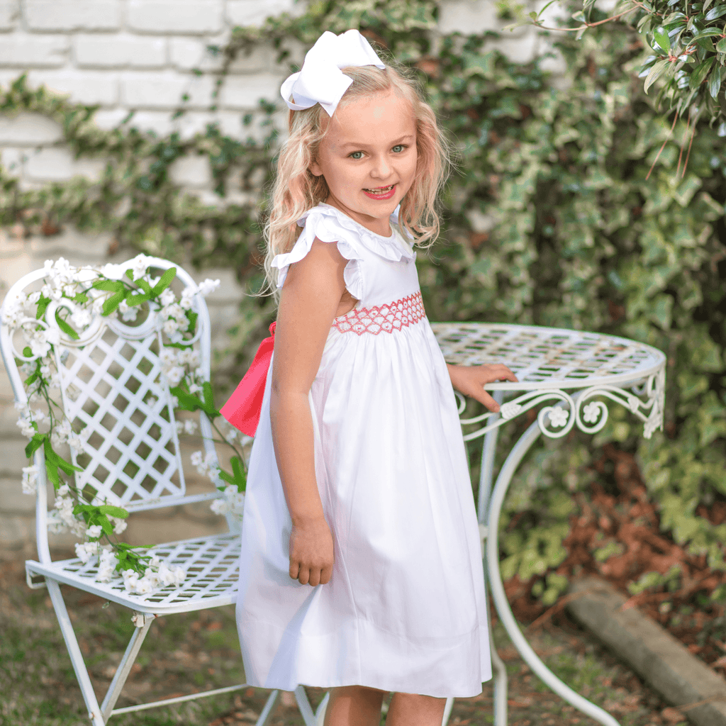 Lily's Angel Sleeve Smocked Dress In Crisp Summer White and Coral Cay - Nanducket