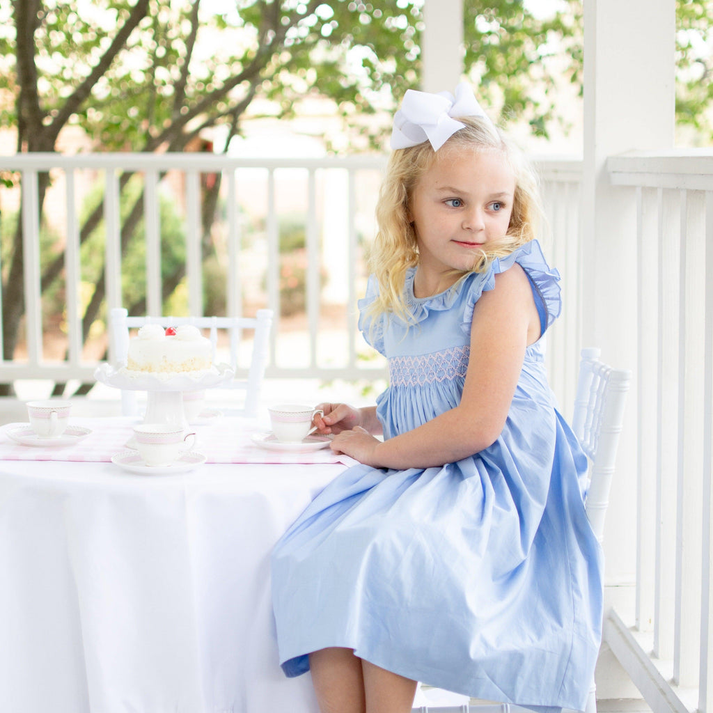 Lily's Angel Sleeve Smocked Dress In Beaufort Blue and Petal Pink - Nanducket