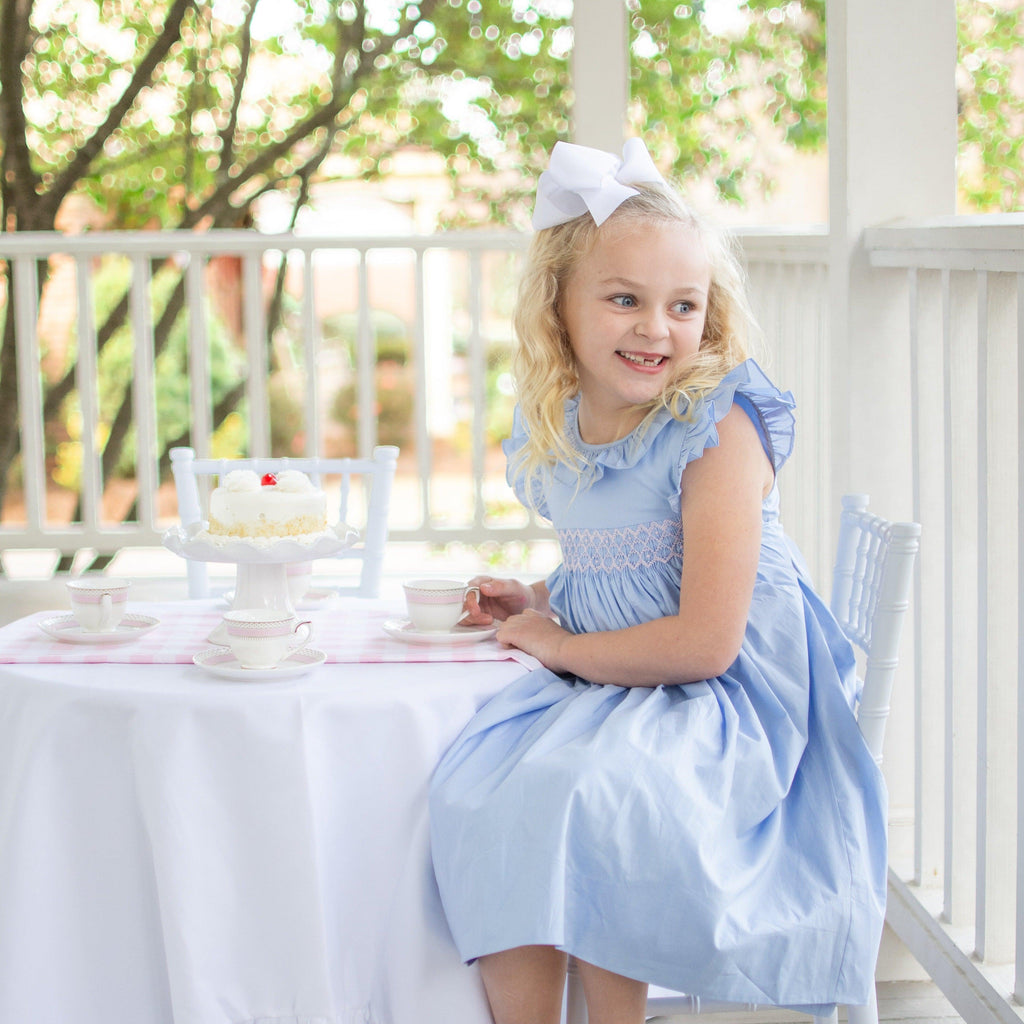 Lily's Angel Sleeve Smocked Dress In Beaufort Blue and Petal Pink - Nanducket
