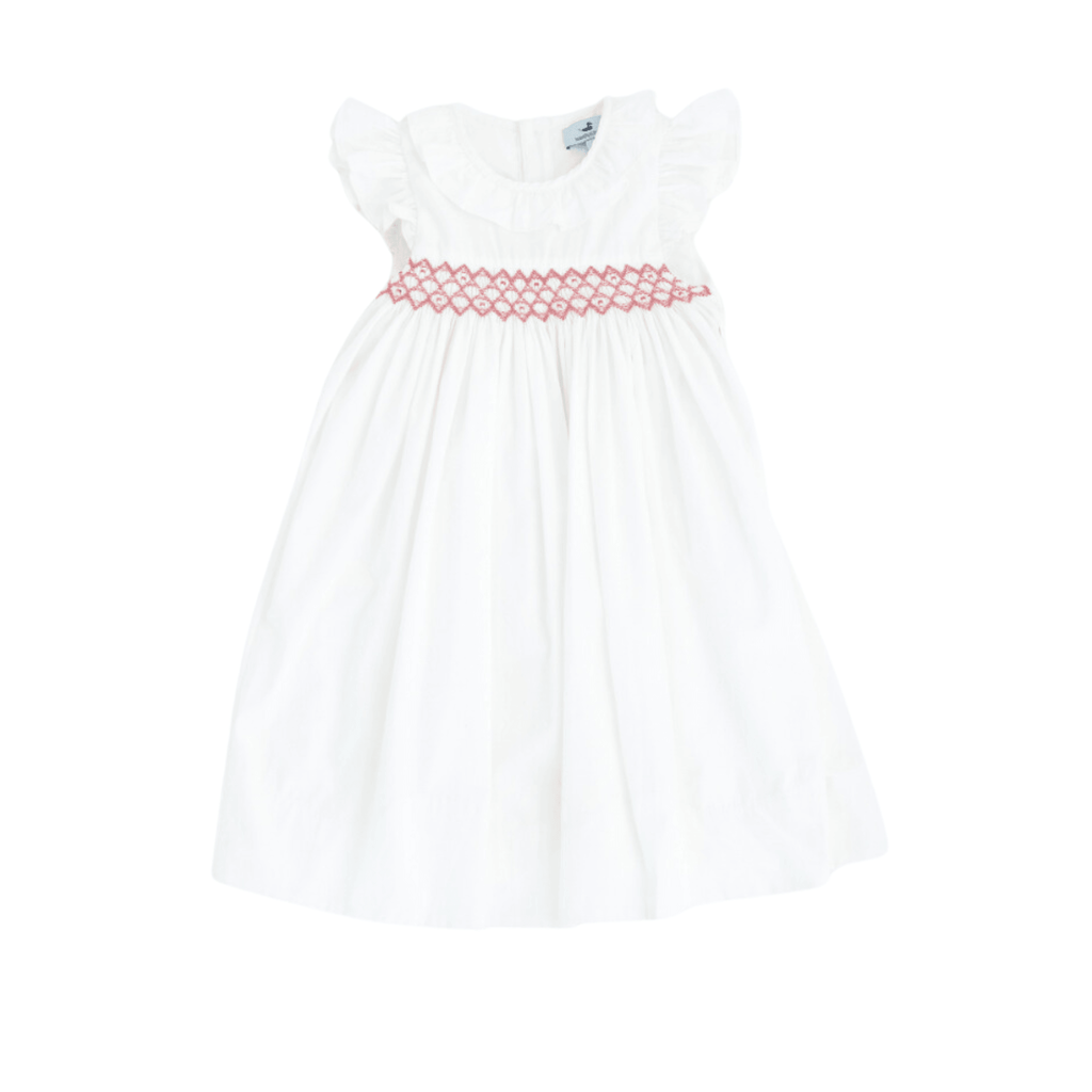 Lily's Angel Sleeve Smocked Dress In Crisp Summer White and Coral Cay - Nanducket